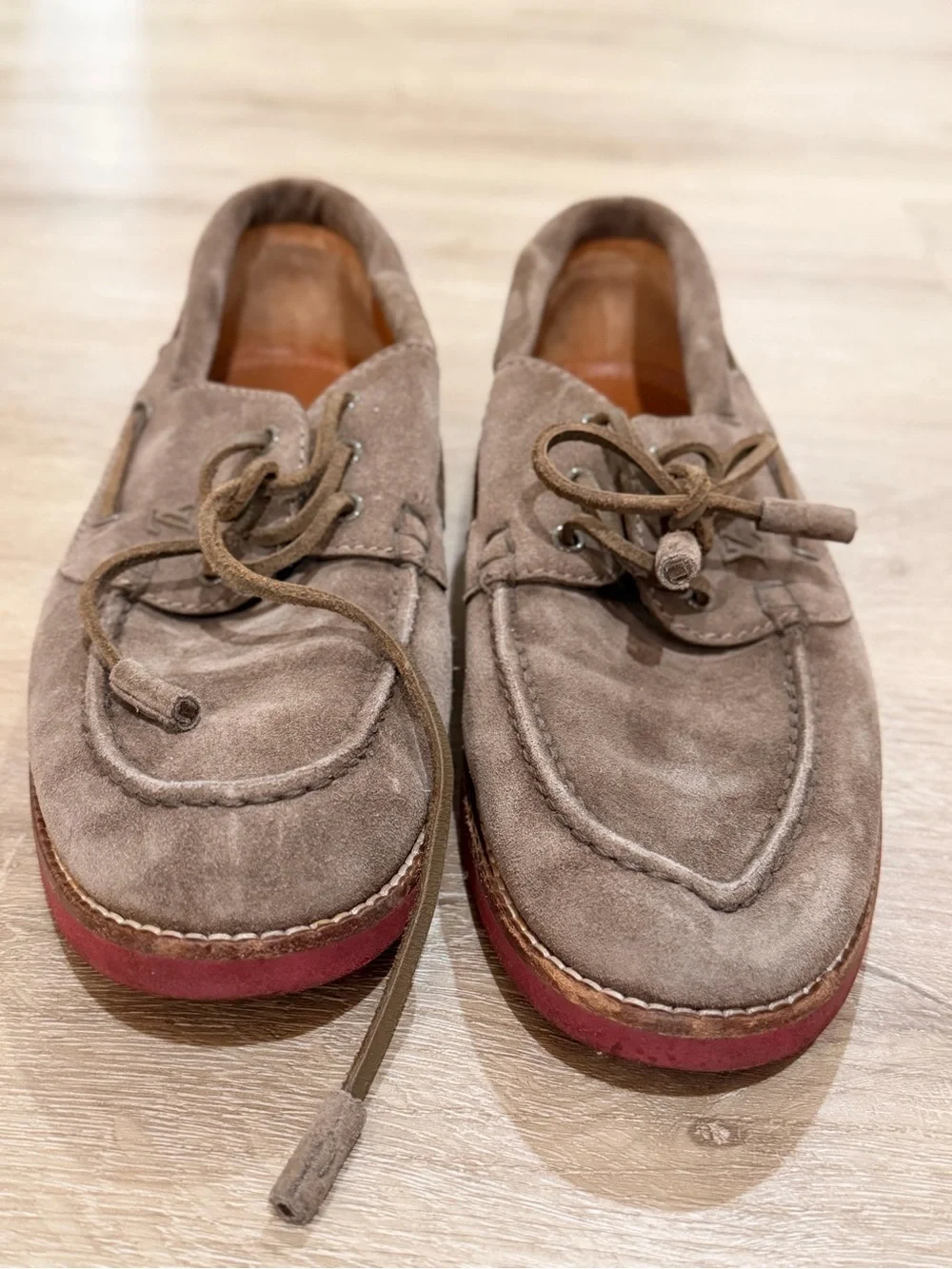 Louis Vuitton Men’s Suede Boat Shoes in Taupe with Red Soles